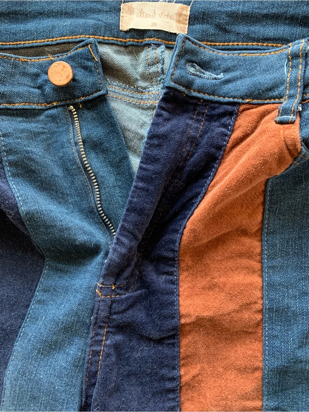 Altar'd State Mixed Fabric Corduroy Denim Striped Flare Jeans Size 28 Stretch - Picture 5 of 8
